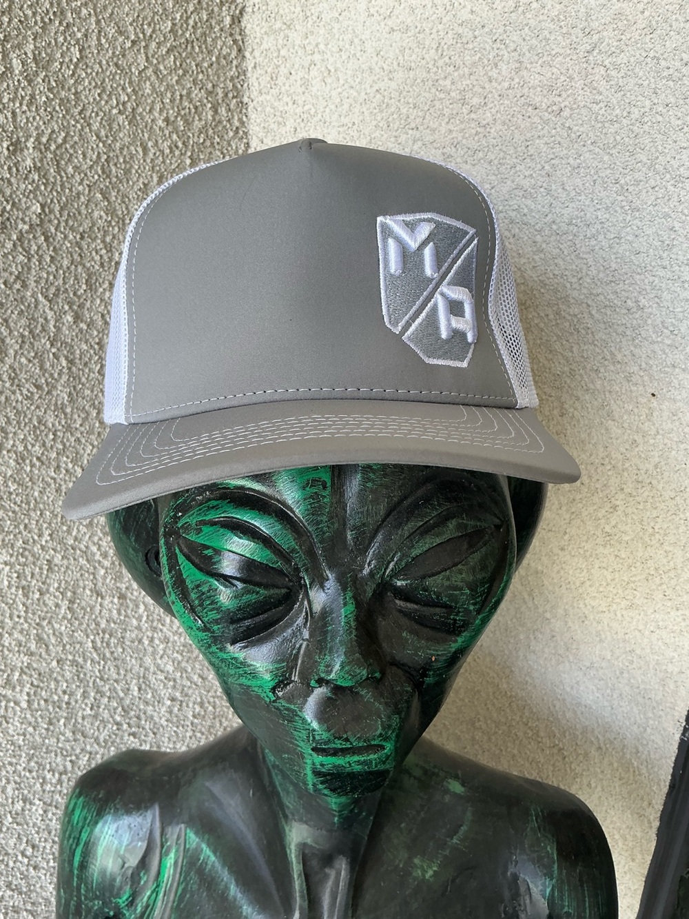 Gray Mesh Trucker Hat with White Embroidered Logo